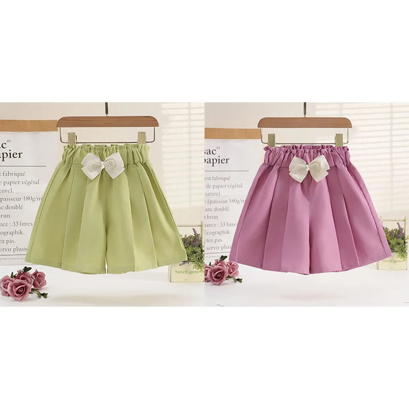 1/2/3 Pezzi Pantaloncini Larghi Estivi per Ragazze, Abbigliamento Casual da Esterno, Pantaloncini Sottili Traspiranti, Gonnellino con Fiocco, Abbigliamento Moda Bambina