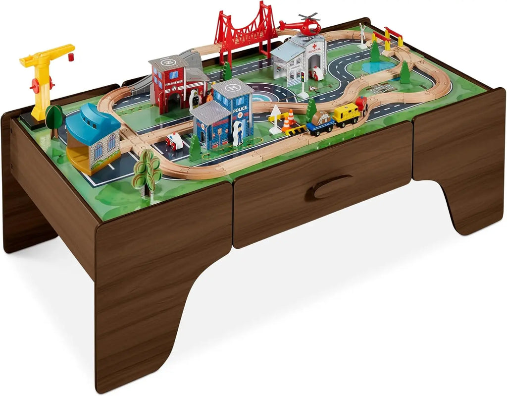 Best Choice Products Grande tavolo da treno da 50 pollici e 70 pezzi, set da gioco multiuso per attività giocattolo in legno per bambini con binari, reversibile