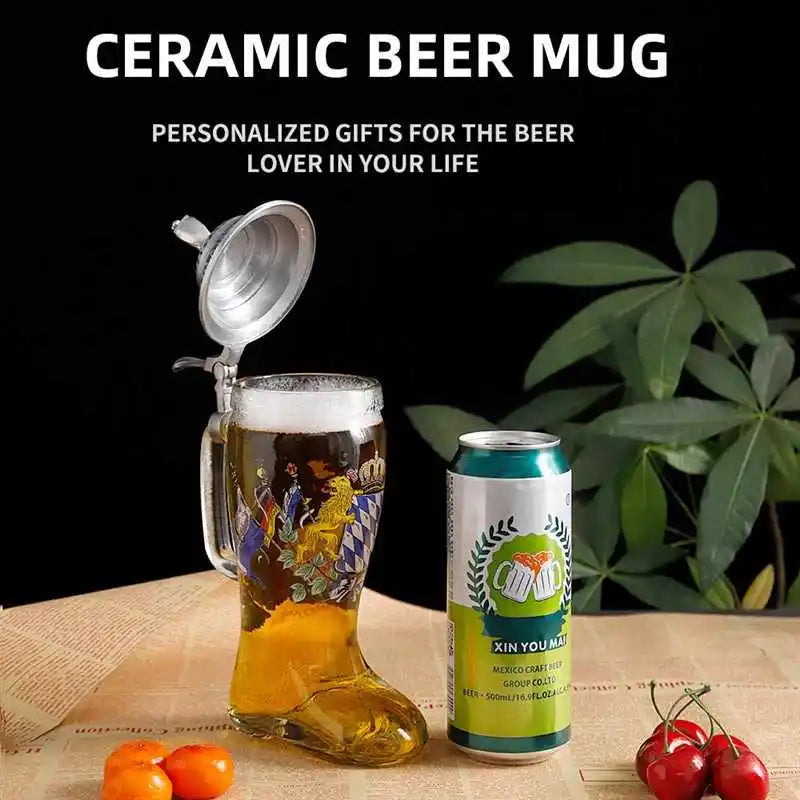 Boccale da birra in vetro Tazza da vino creativa Decorazioni per la casa Tazza da caffè in vetro con manico Stile tedesco di grande capacità con coperchio Tazza da acqua Regalo da uomo