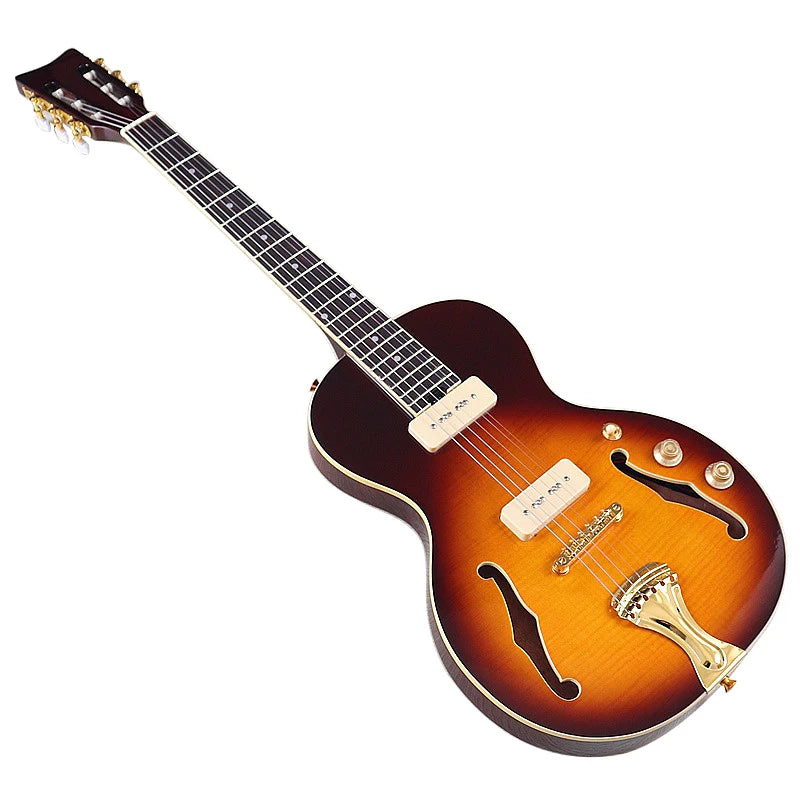 Chitarra elettrica classica a 6 corde con testa in acero fiammato da 39 pollici, design con foro a F, chitarra lucida
