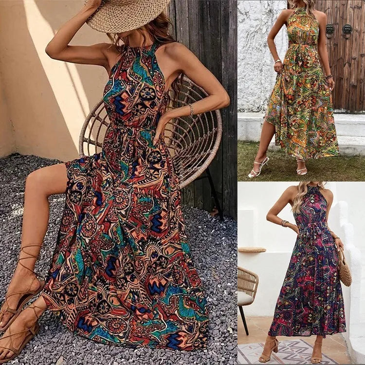Abito stampato da donna nuovo estivo bohémien Abito lungo lungo lungo fino al pavimento con cerniera retrò bohémien