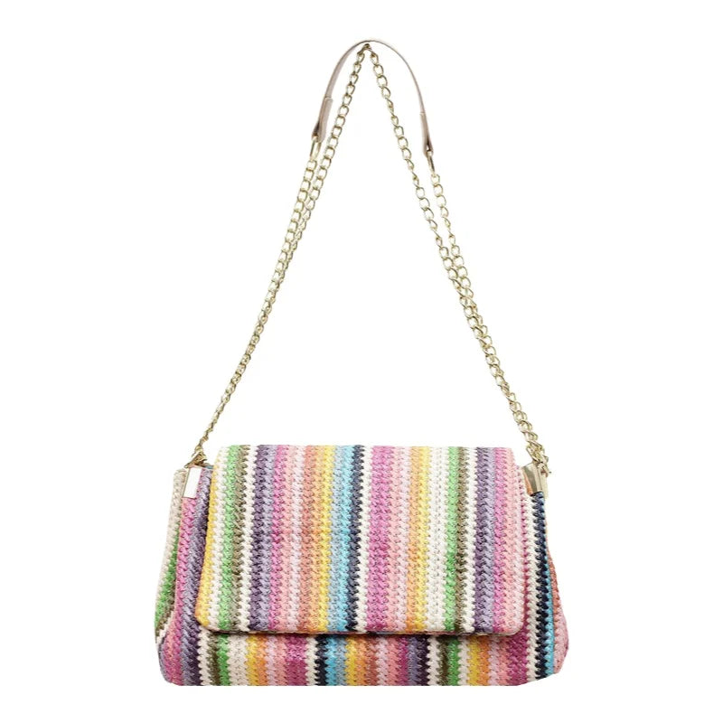 Borsa in Paglia Intrecciata a Mano da Donna, Nuova Collezione Estate 2026, Borsa a Tracolla con Catena per Vacanze al Mare, Stile Casual, Misura Media, Tessuto Morbido