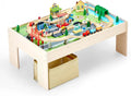 Tavolo da treno, tavolo da attività per bambini in legno da 84 pezzi multicolori con contenitore portaoggetti pieghevole, set di treni in legno 3 in 1 per giochi, D