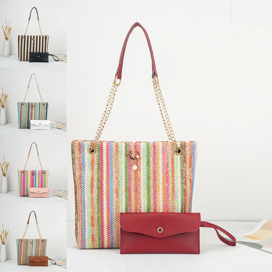 Borsa da Spiaggia in Paglia Intrecciata per Donna, Grande Borsa a Tracolla con Catena, Design da Viaggio con Chiusura a Patta