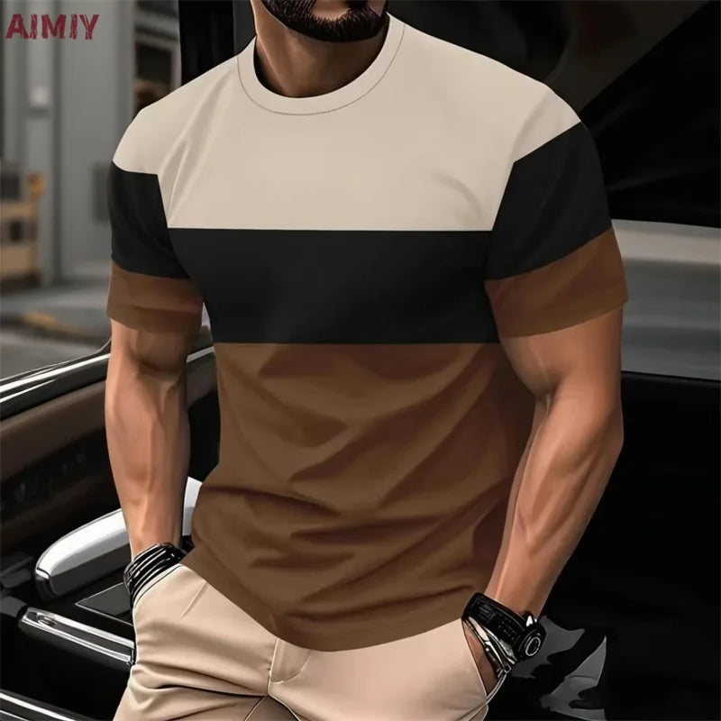 T-shirt stampata a righe da uomo T-shirt estiva casual da esterno girocollo a maniche corte Novità nella maglietta alla moda da uomo