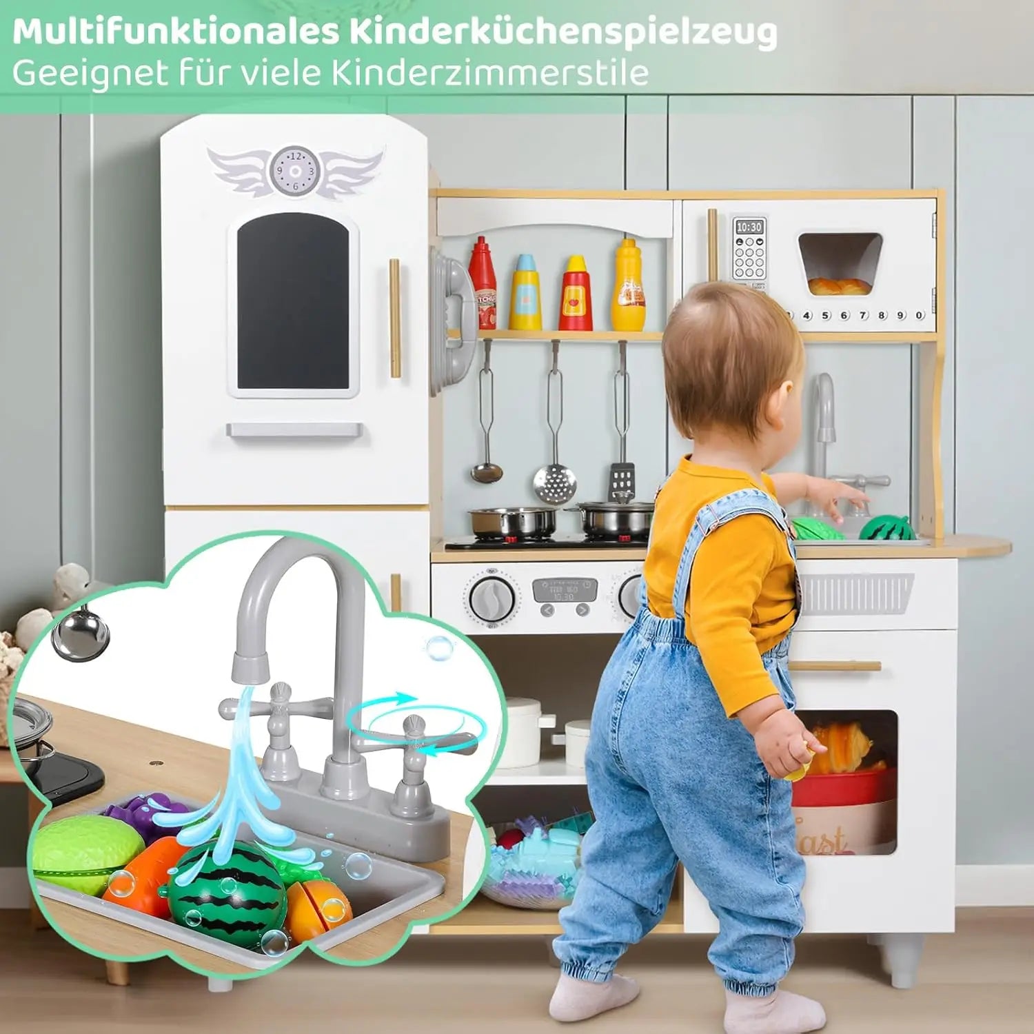 Set da cucina per bambini piccoli, set da gioco da cucina giocattolo in legno con veri luci e suoni, frigorifero a doppia porta, produttore di ghiaccio e pentole