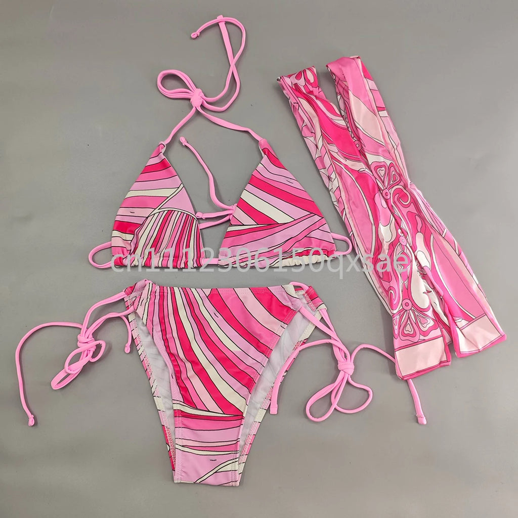 Costumi da bagno da donna rosa con foulard e logo a lettere, set bikini con foulard e fascia per capelli, abbigliamento da spiaggia