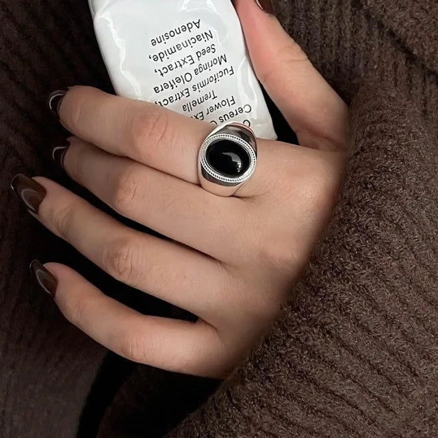 PANJBJ 925 anelli in pietra nera geometrica in argento sterling per le donne ragazza coreana semplice regolabile coppia gioielli Dropshipping