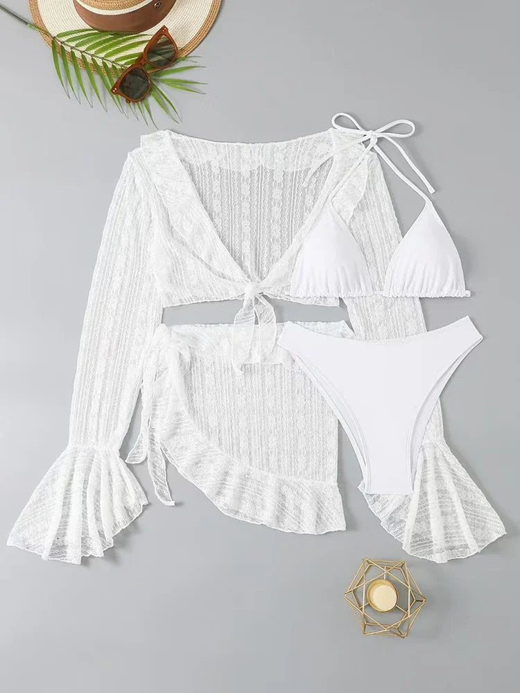 Set bikini da donna in pizzo trasparente con top a triangolo allacciato al collo e gonna da spiaggia con volant - Elegante costume da bagno per le vacanze estive al mare