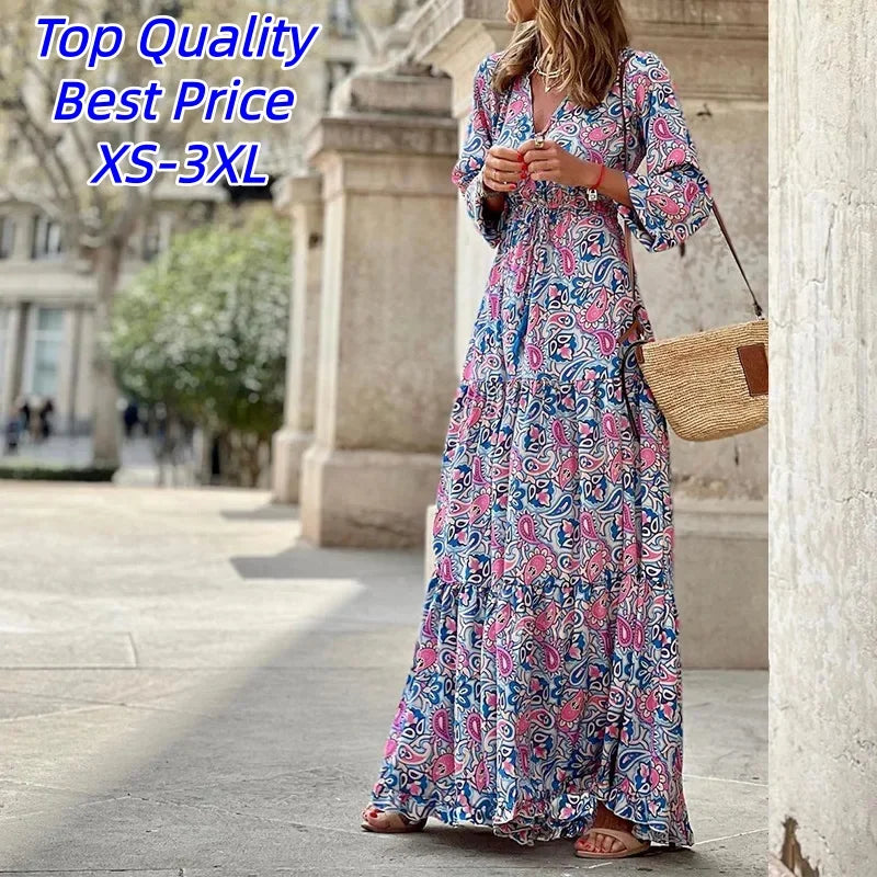 Abiti Estivi da Donna, Nuova Moda, Stampa Elegante, Scollo a V Sexy, Maniche Lunghe, Vita Alta Elasticizzata, Lunghezza Media, Stile Bohémien
