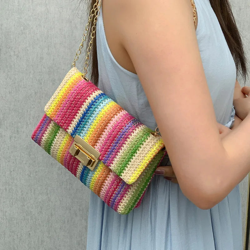 Borsa a mano con pochette in paglia a righe multicolori per donna Borsa a tracolla a tracolla con tracolla da spiaggia estiva in tessuto casual in pelle PU