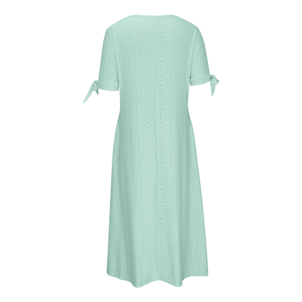 Abito Midi Estivo da Donna Boho con Occhielli e Spalle Scoperte, Maniche Corte, Scollo a V, Bottoni, Vestibilità Ampia, Stile Casual a Trapezio con Tasche