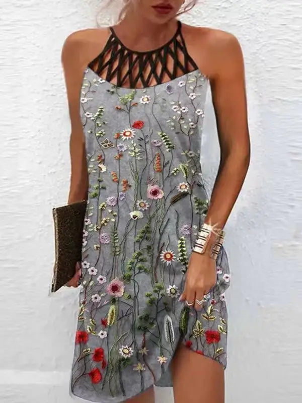 Abito Boho sexy per donna Mini abito da spiaggia Abito alla moda Donna Estate senza maniche Hollow Elegante abito da festa Stampa Vestido 2023