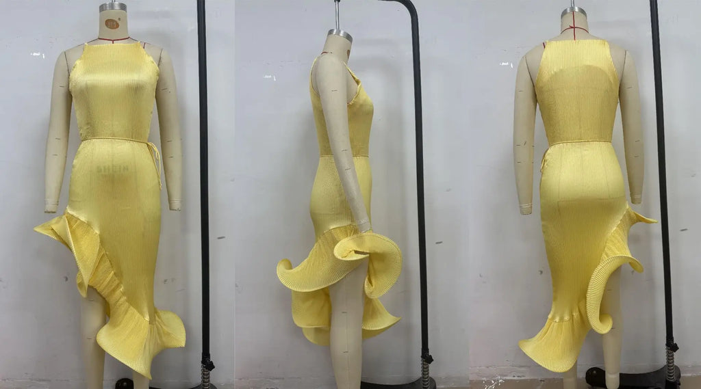 Elegante Abito Lungo Giallo Halter da Donna Senza Maniche con Balze Irregolari e Spacco Alto, Vestito Aderente Romantico per Ospiti di Matrimoni e Feste 2026