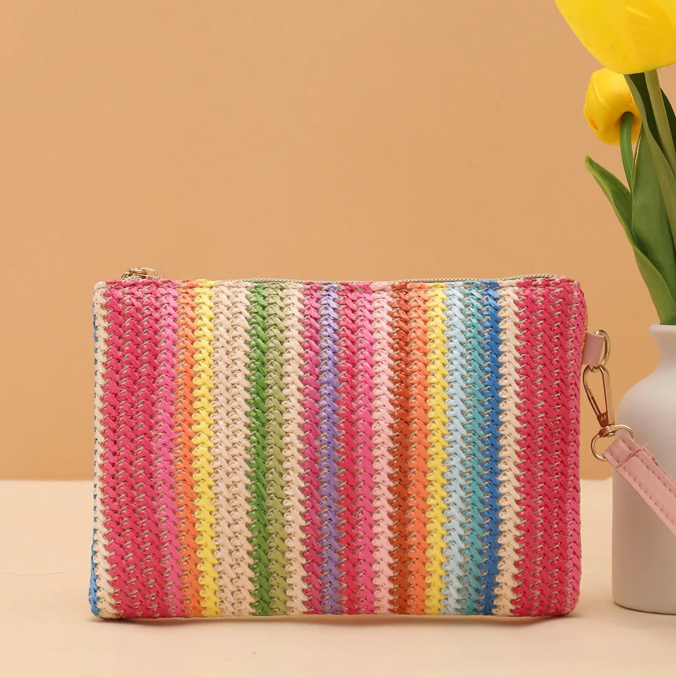 Borsa intrecciata di paglia colorata onda borsa da donna con pochette a scatto borsa da spiaggia estiva borsa intrecciata a mano borsa per cellulare portafoglio femminile