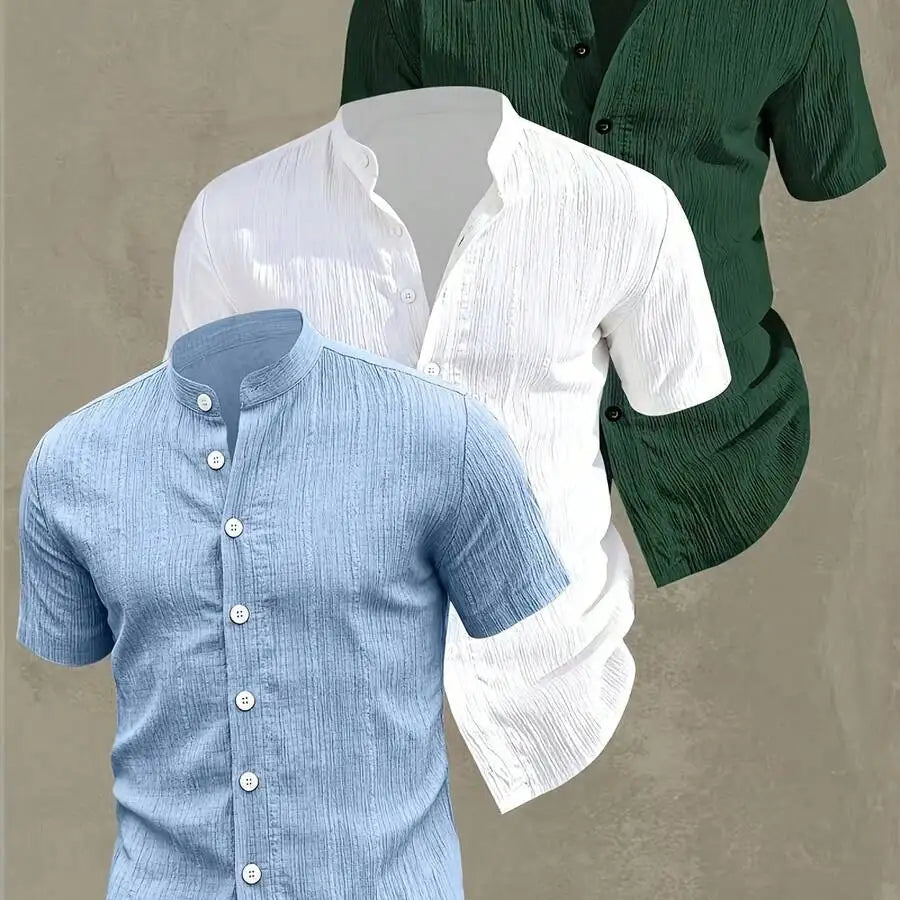 3 pezzi di camicie estive casual da uomo a maniche corte con colletto rialzato, con bottoni, in poliestere, per viaggi in spiaggia e attività all'aperto