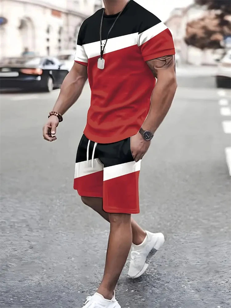 T-shirt a maniche corte con stampa a righe da uomo estiva Pantaloncini in vita elastica Set da 2 pezzi Set di pantaloncini con tasche T-shirt allentata con o-collo taglie forti