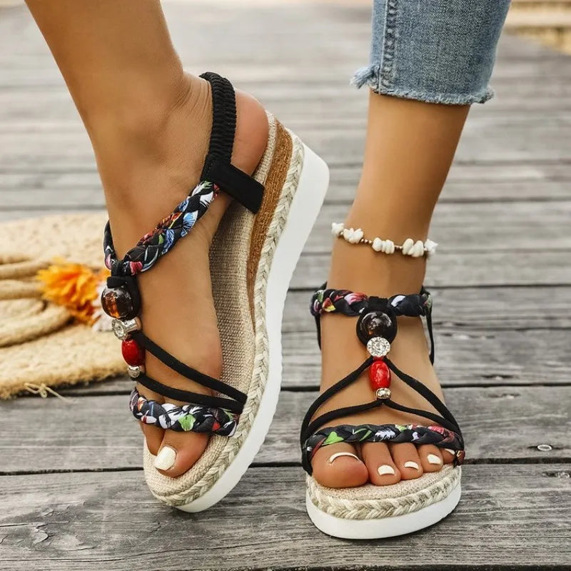 Nuovi Sandali Estivi con Zeppa per Donna, Punta Aperta, Stile Bohémien, Leggeri, Comodi, con Fascia Elastica, Sandali con Tacco Alto e Piattaforma