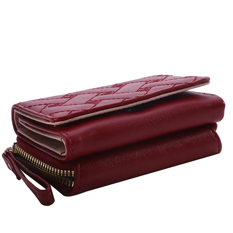 Portafoglio da donna per pelle PU moda ricamato amore tri-fold piccolo portafoglio porta carte portamonete multi-slot per carte interno rosa