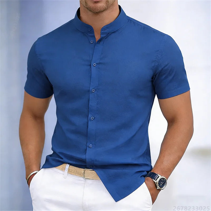 Camicia da uomo a maniche corte con colletto rialzato, bianca o nera, tinta unita, vestibilità slim, top da uomo business casual, taglie XS-6XL.