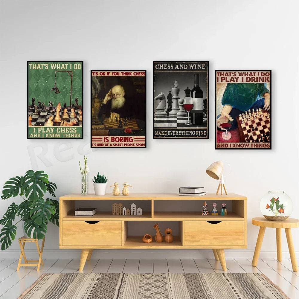 Gioca a scacchi, bere e fare amici poster. Non importa se pensi ai scacchi è noioso, è un poster sportivo popolare intelligente
