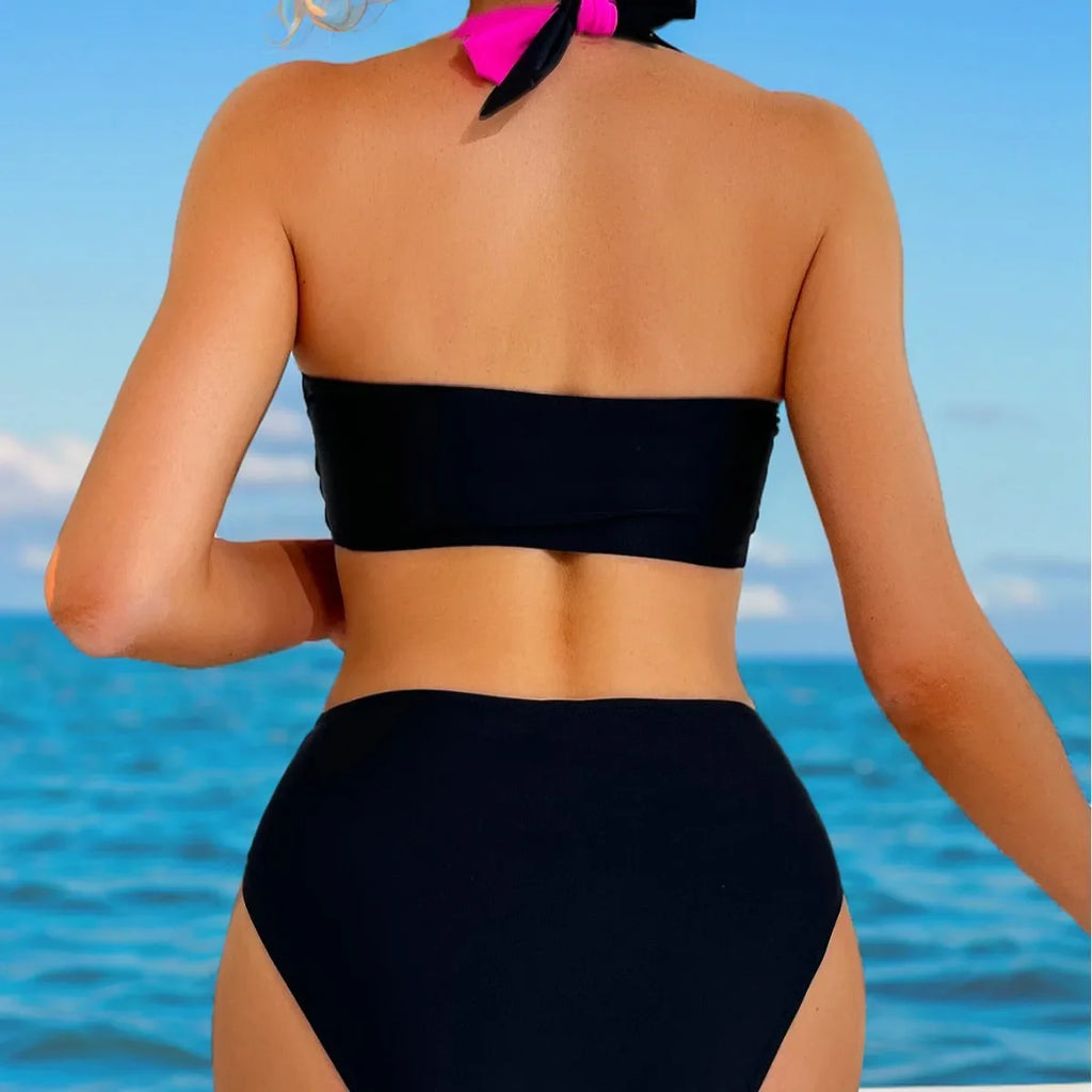 Nuovo Costume da Bagno Bikini Donna 2025 a Vita Alta con Blocchi di Colore e Design Halter - Abbigliamento Mare Diviso alla Moda per l'Export
