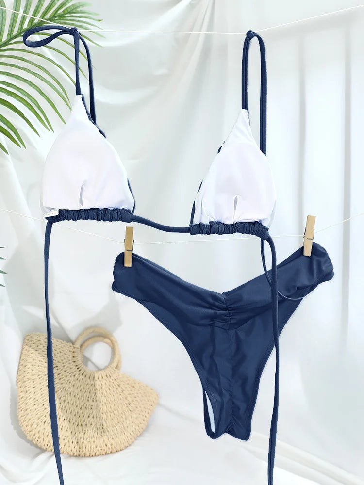 Costume da bagno bikini con pieghe sexy Micro bikini solido Costume da bagno donna Triangolo femminile Costume da bagno da spiaggia