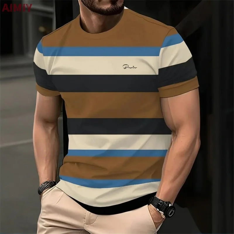 T-shirt stampata a righe da uomo T-shirt estiva casual da esterno girocollo a maniche corte Novità nella maglietta alla moda da uomo