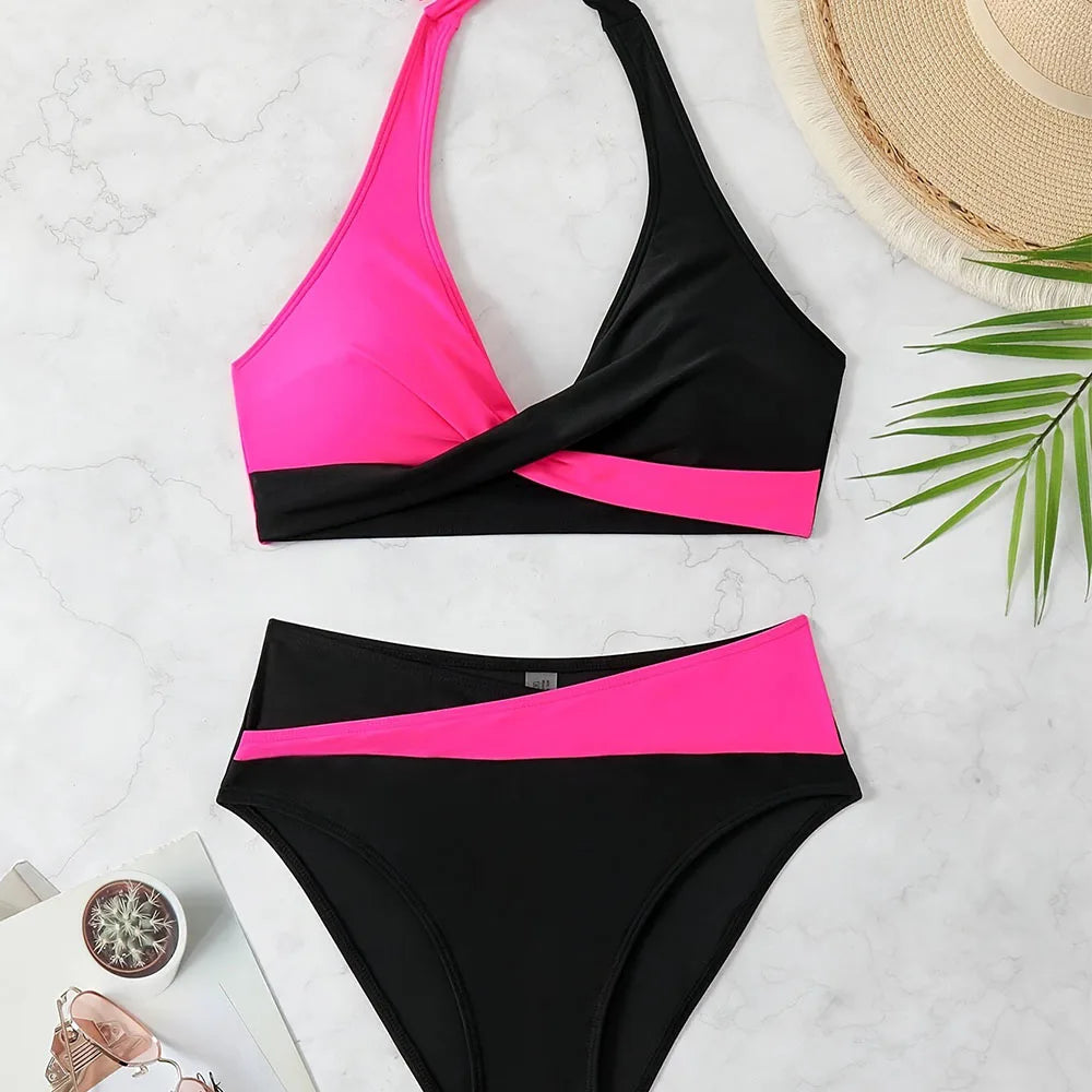 Costume da bagno bikini da donna sexy, due pezzi, color block, con laccetti, vita alta, senza schienale, regalo