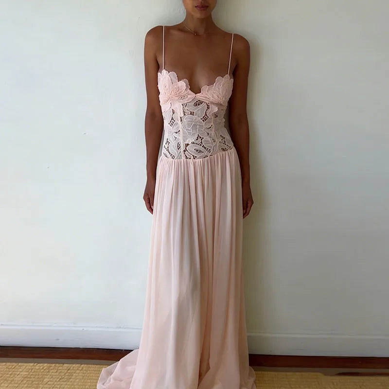 Abito Lungo Estivo Casual in Chiffon con Bretelle, Scollo a V Profondo, Senza Maniche, con Inserti in Pizzo, per Spiaggia e Feste, Primavera Estate