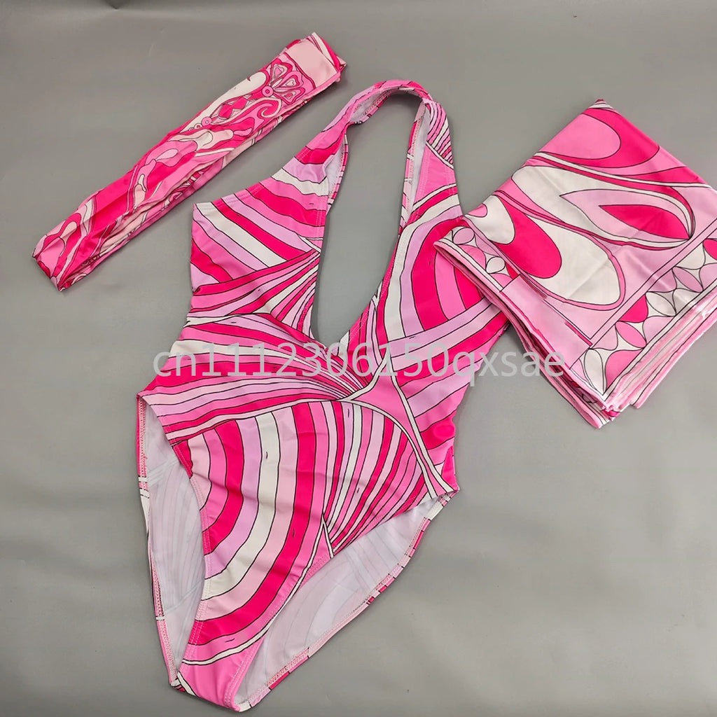 Costumi da bagno da donna rosa con foulard e logo a lettere, set bikini con foulard e fascia per capelli, abbigliamento da spiaggia