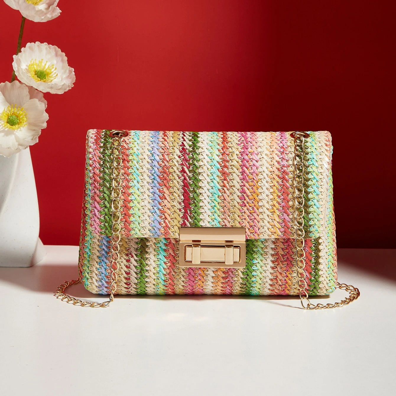 Borsa da donna in paglia lavorata a maglia in rattan a righe multicolori con borsa a catena Borse a tracolla da donna Borsa con patta dal design da viaggio