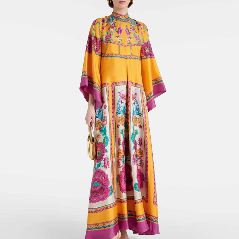 Elegante Abito Lungo a Maniche Lunghe per Feste, Vestito Vintage con Stampa Floreale, Abito Bohémien da Donna con Collo Alto e Vita Alta