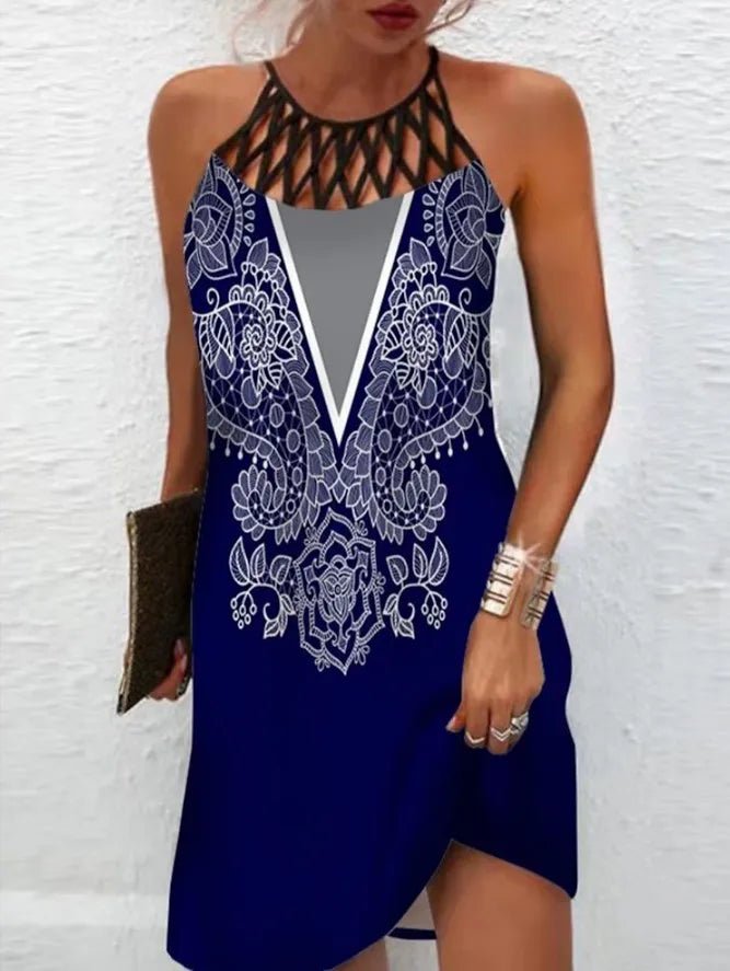 Abito Boho sexy per donna Mini abito da spiaggia Abito alla moda Donna Estate senza maniche Hollow Elegante abito da festa Stampa Vestido 2023