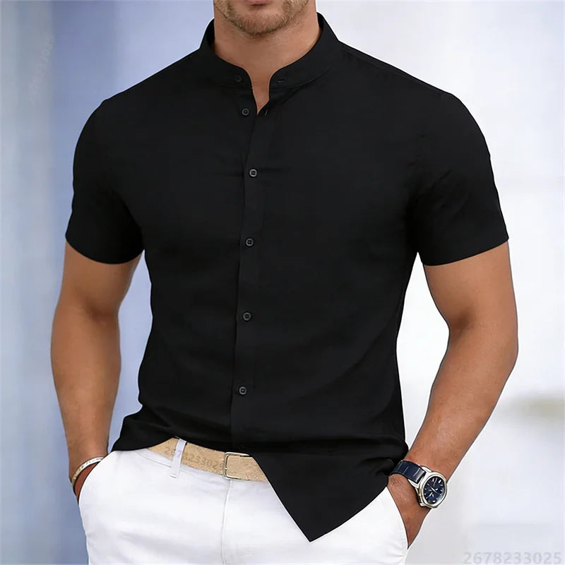 Camicia da uomo a maniche corte con colletto rialzato, bianca o nera, tinta unita, vestibilità slim, top da uomo business casual, taglie XS-6XL.