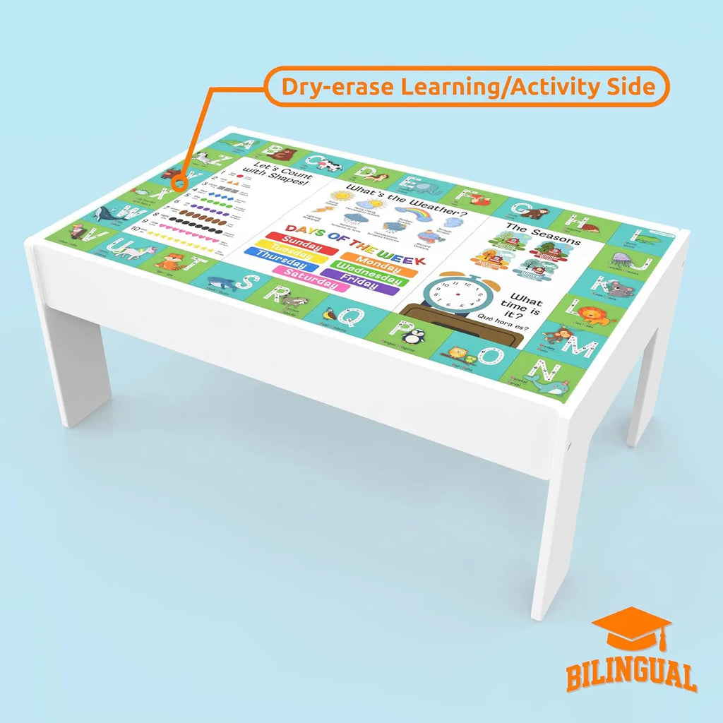 Tavolo da treno Set di treni e tavolo da attività in legno 2 in 1 - Giocattolo STEM da 112 pezzi con piano reversibile per giochi e apprendimento, contenitore portaoggetti - Età