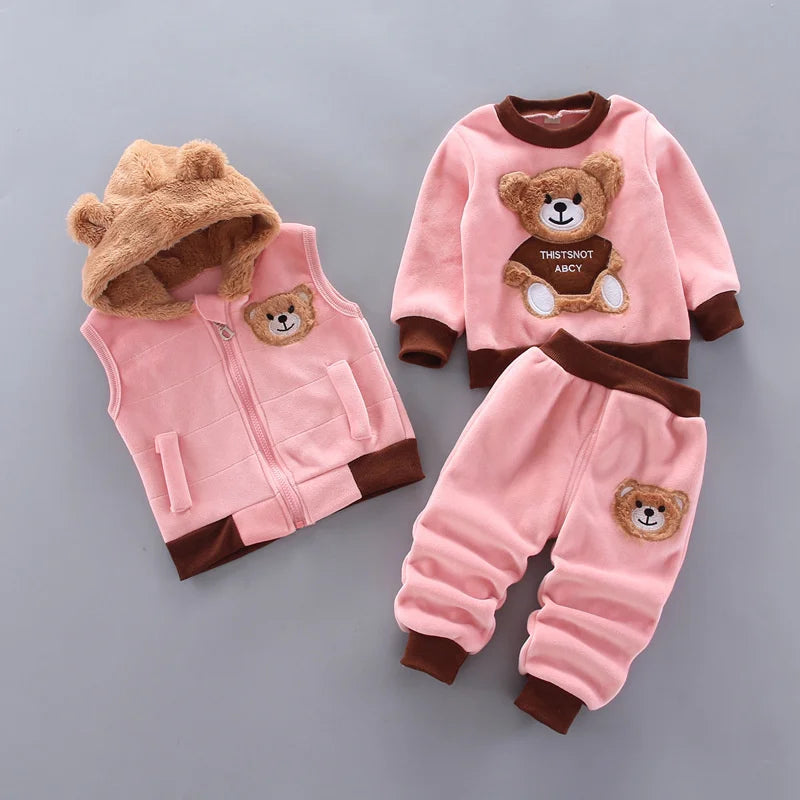 Nuovo inverno set di abbigliamento per bambini autunno ragazzi ragazze cotone spesso caldo maglione con cappuccio cartone animato orso carino tre pezzi vestito per bambini 0-4 anni