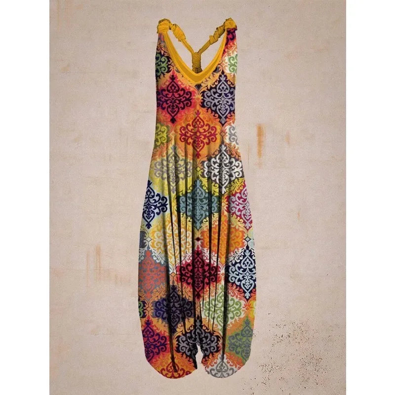 Tuta generale allentata bohémien a gamba larga Mandala etnico Stampa paisley vintage Pagliaccetti da donna Tutina harem senza schienale