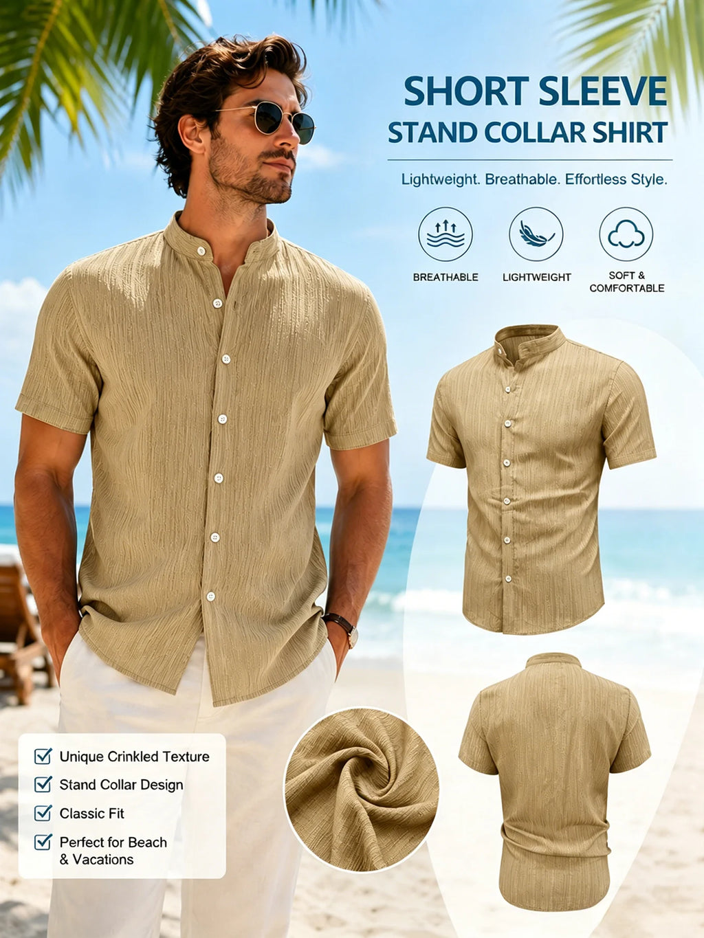 Set di 3 Camicie da Uomo alla Moda, Casual, Manica Corta, Colletto Rialzato, Bottoni, per Estate e Vacanze al Mare