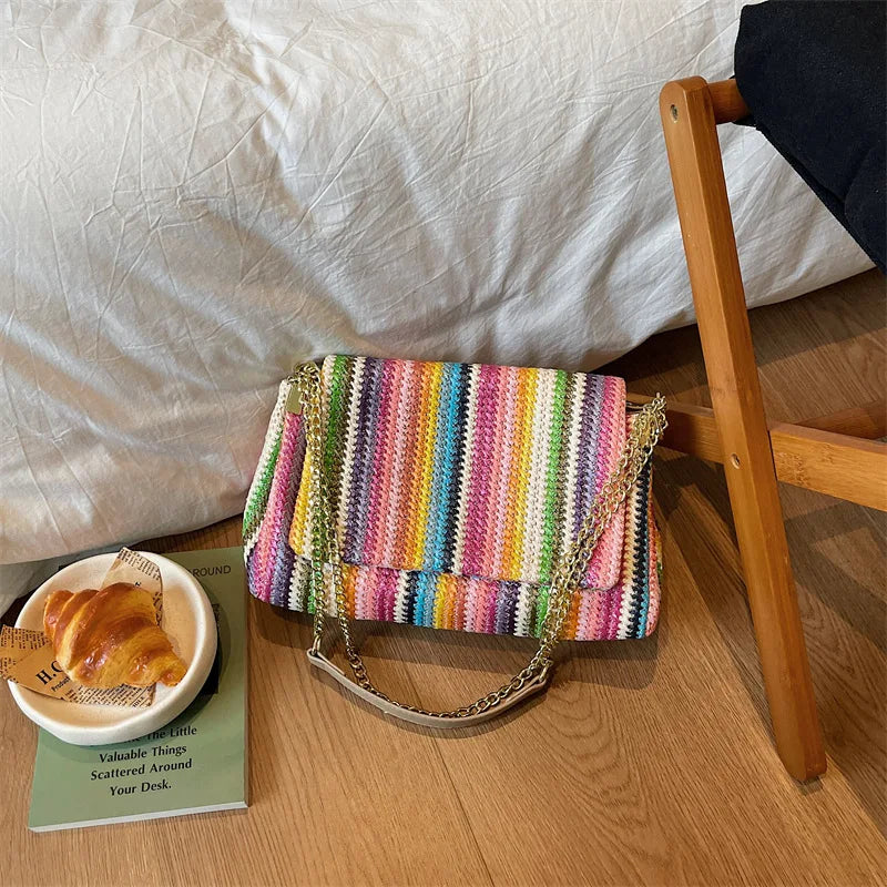 Borsa a tracolla da donna Rainbow 2026 estiva, trendy, con catena intrecciata, chiusura a scatto, semplice, casual, per tutti i giorni, shopper