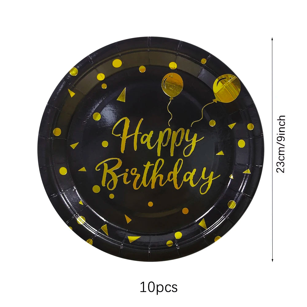 Set di stoviglie usa e getta per compleanno in oro nero, piatti di carta, tazze, tovaglioli, tovaglie, decorazione per feste di buon compleanno per adulti, matrimonio