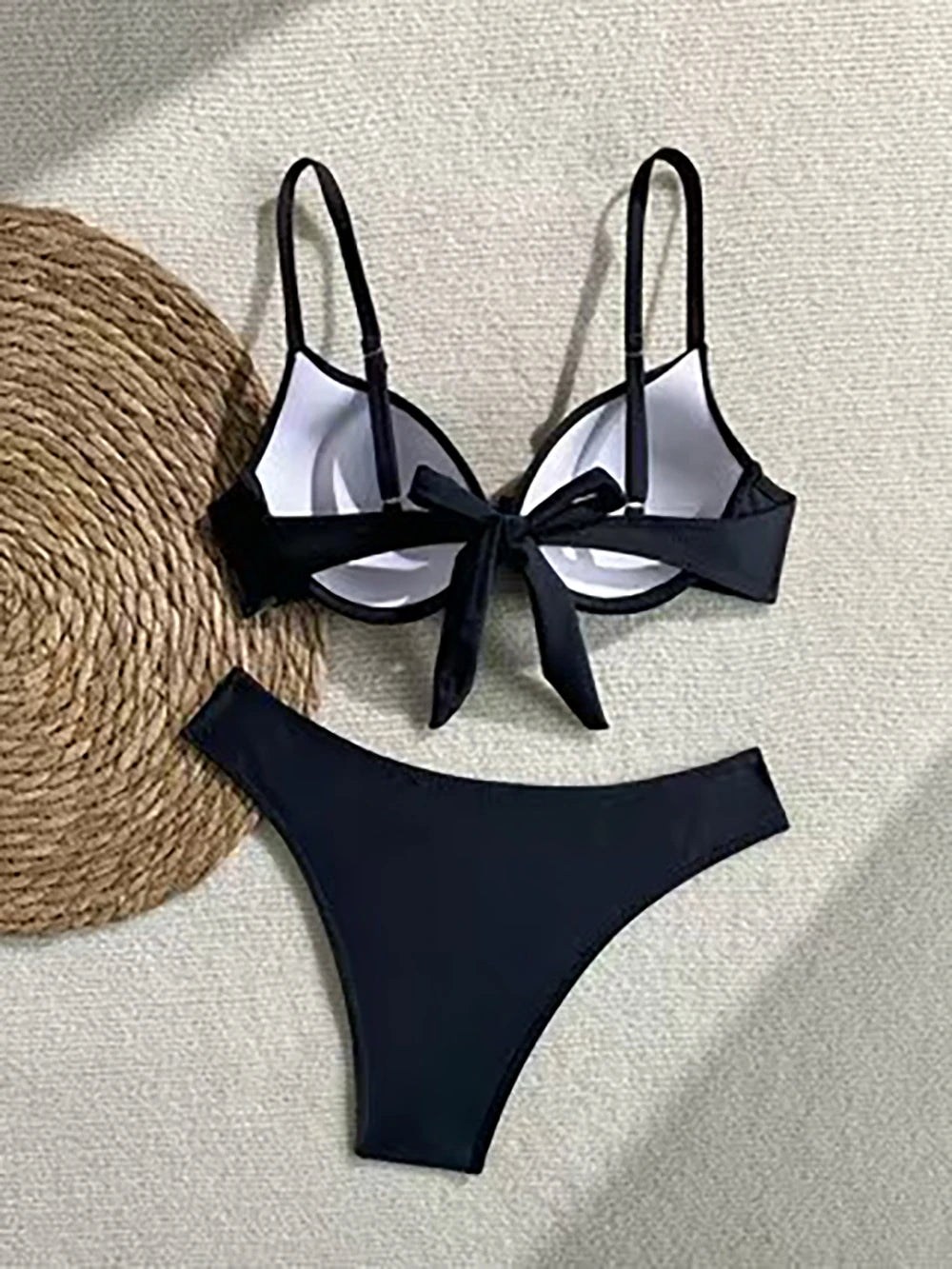 2026 Sexy Bikini a Due Pezzi con Lacci Frontali da Donna, Tinta Unita, Push-Up, Vita Media, per Vacanze e Spiaggia
