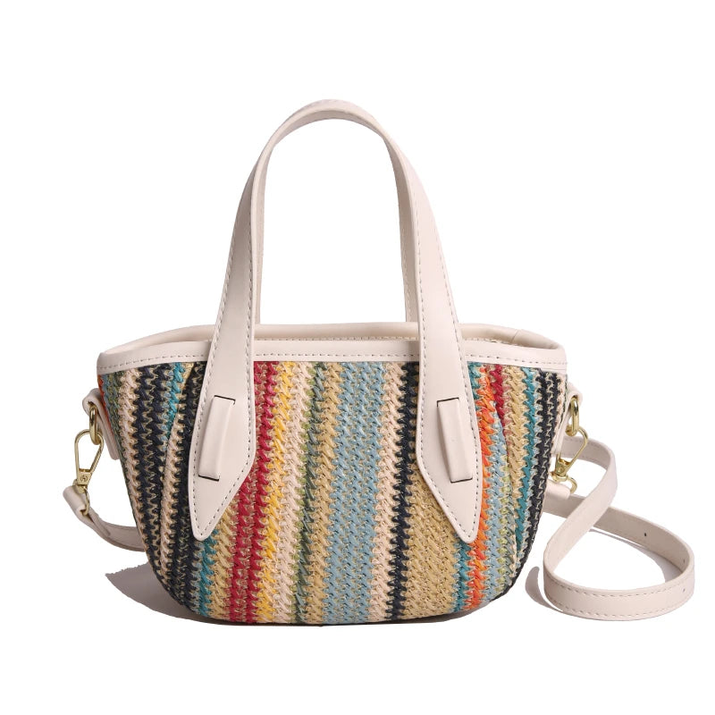 Borsa Mini Tote in Paglia a Righe Bohemien da Donna, Borsa a Tracolla Intrecciata Colorata con Manico Superiore per Viaggi Estivi in Spiaggia