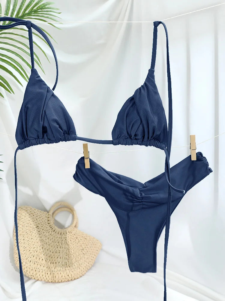 Costume da bagno bikini con pieghe sexy Micro bikini solido Costume da bagno donna Triangolo femminile Costume da bagno da spiaggia