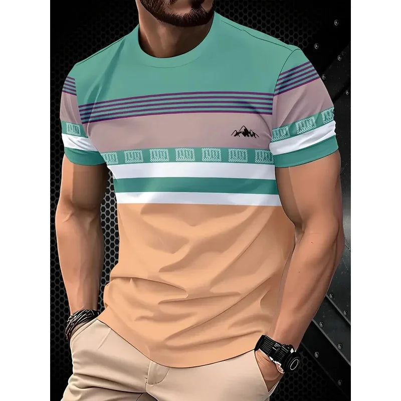 T-shirt classica estiva da uomo: top da esterno a maniche corte con scollo tondo e stampa a righe, maglietta da uomo da strada ampia con aggiunta