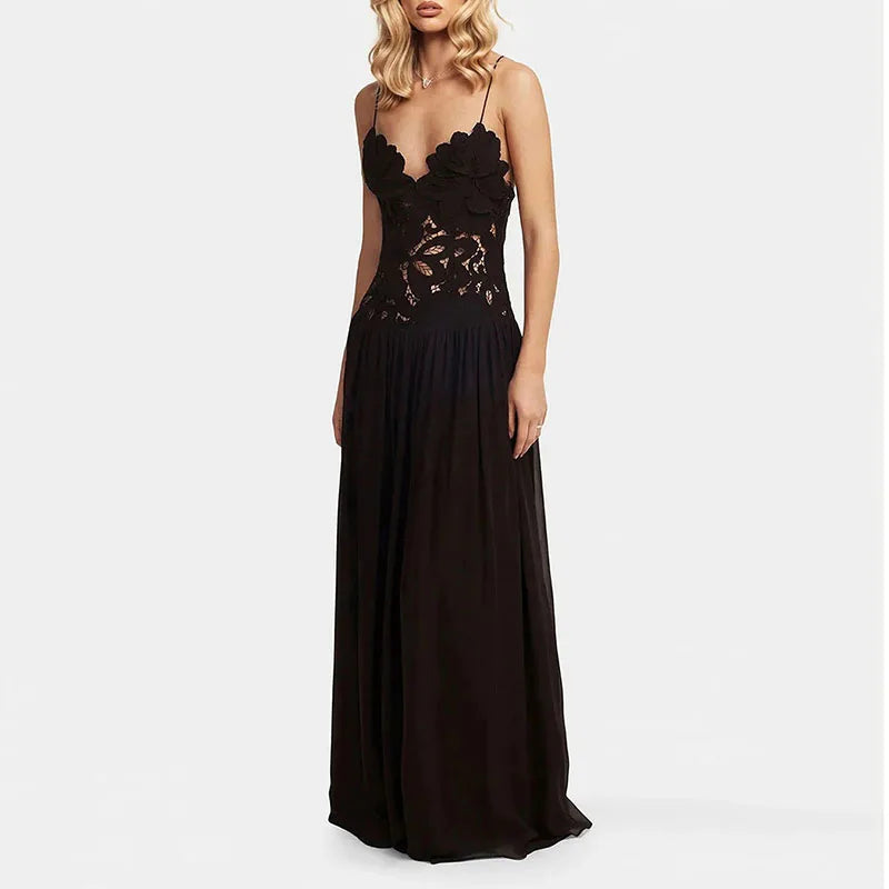 Abito Lungo Estivo Casual in Chiffon con Bretelle, Scollo a V Profondo, Senza Maniche, con Inserti in Pizzo, per Spiaggia e Feste, Primavera Estate