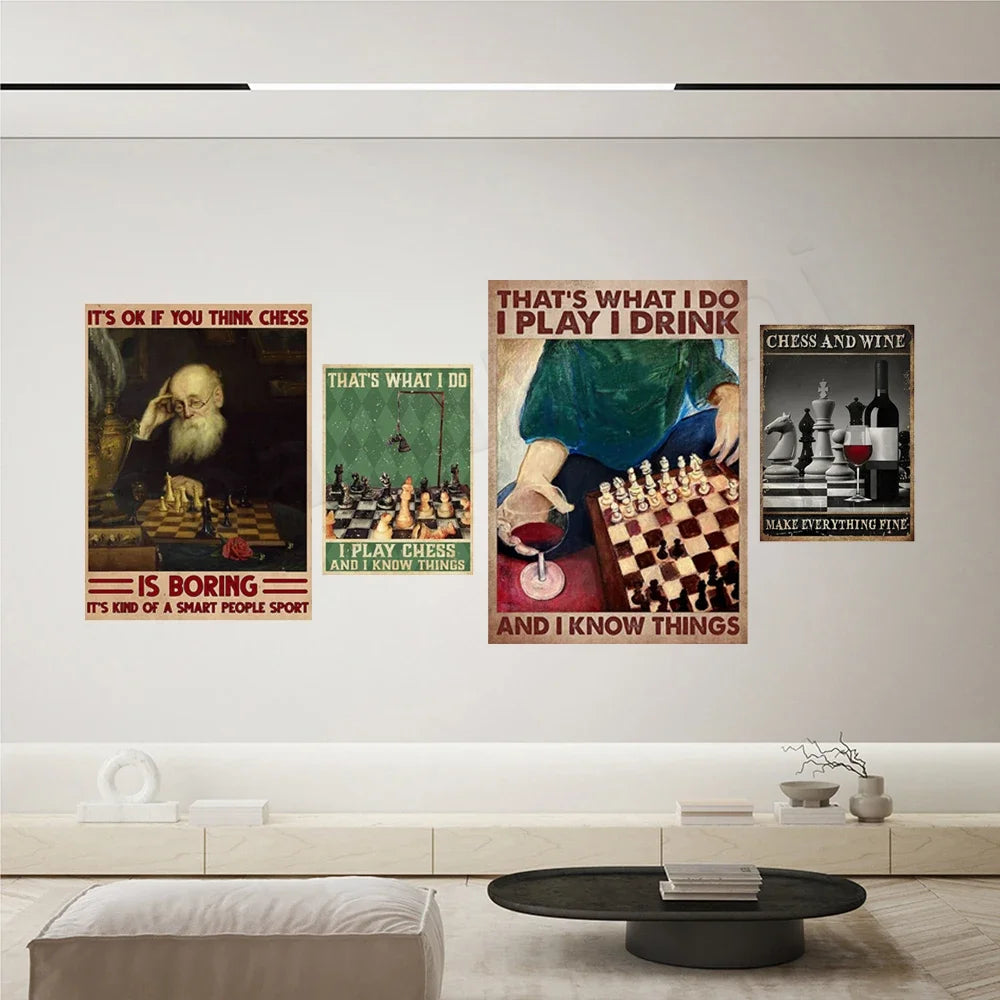 Gioca a scacchi, bere e fare amici poster. Non importa se pensi ai scacchi è noioso, è un poster sportivo popolare intelligente