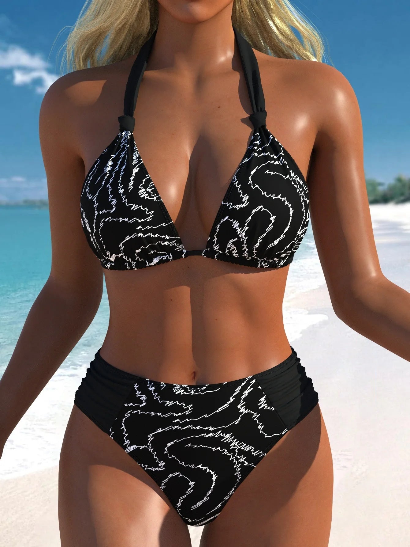 Costume da bagno bikini vintage nero a pois 2026 da donna con reggiseno push-up con laccetti e vita alta, modello cut-out