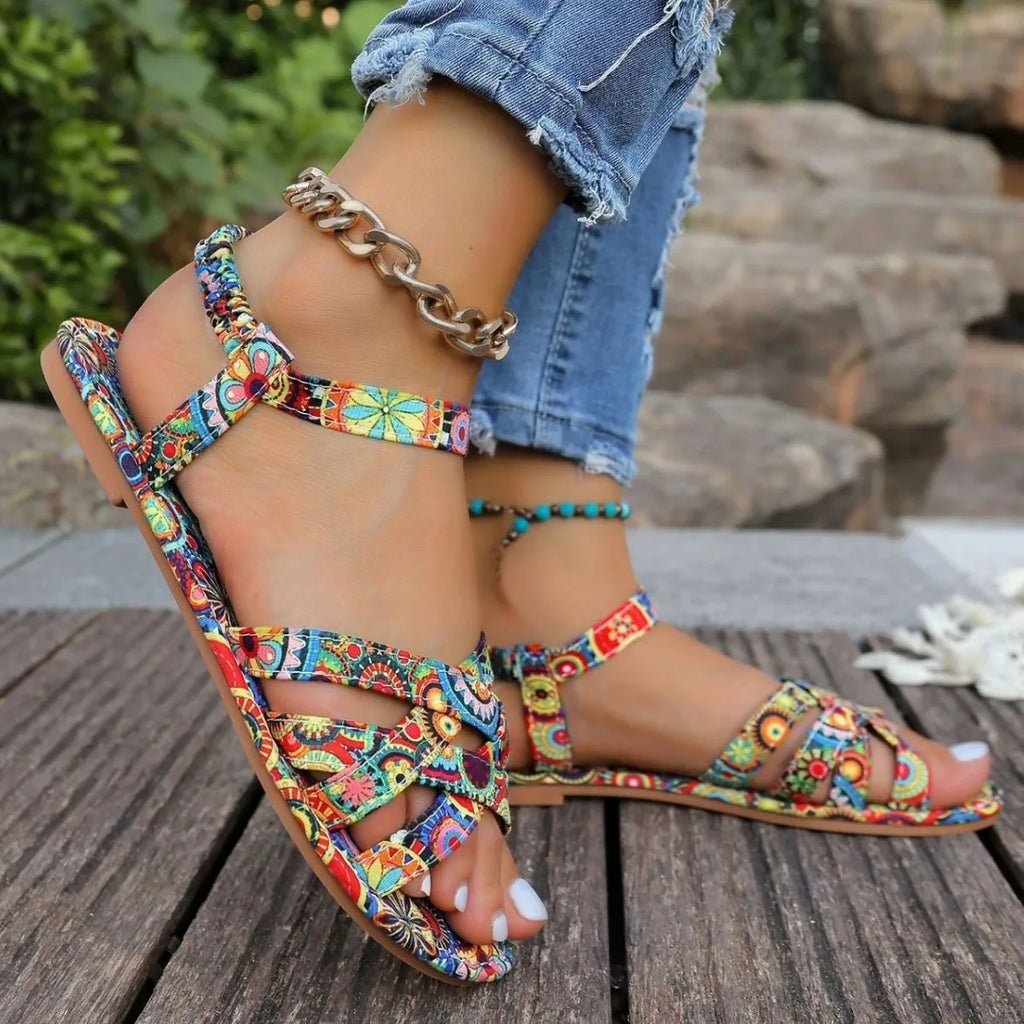 Ciabatte Etniche Traspiranti Stampate Stile Romano a Punta Aperta con Fondo Piatto, Scarpe Slip-On alla Moda per il Commercio Transfrontaliero