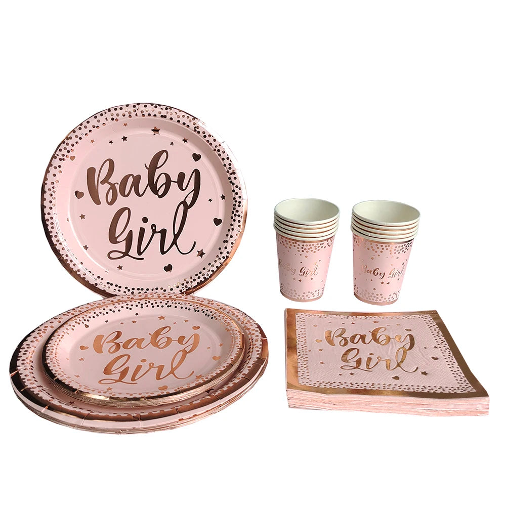 Set di stoviglie usa e getta per compleanno Rosa Oro rosa Piatti bianchi Tazze Tovaglioli Tovaglia Decorazione festa di compleanno per ragazza Baby Shower